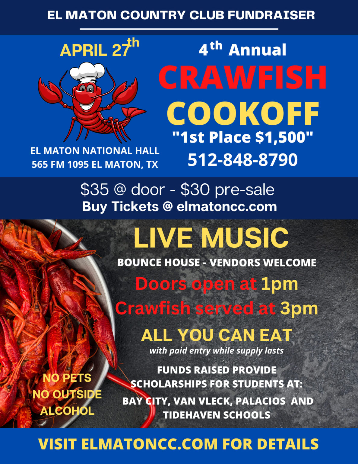 4th Annual Crawfish Cookoff – April 27, 2024 – El Maton National Hall