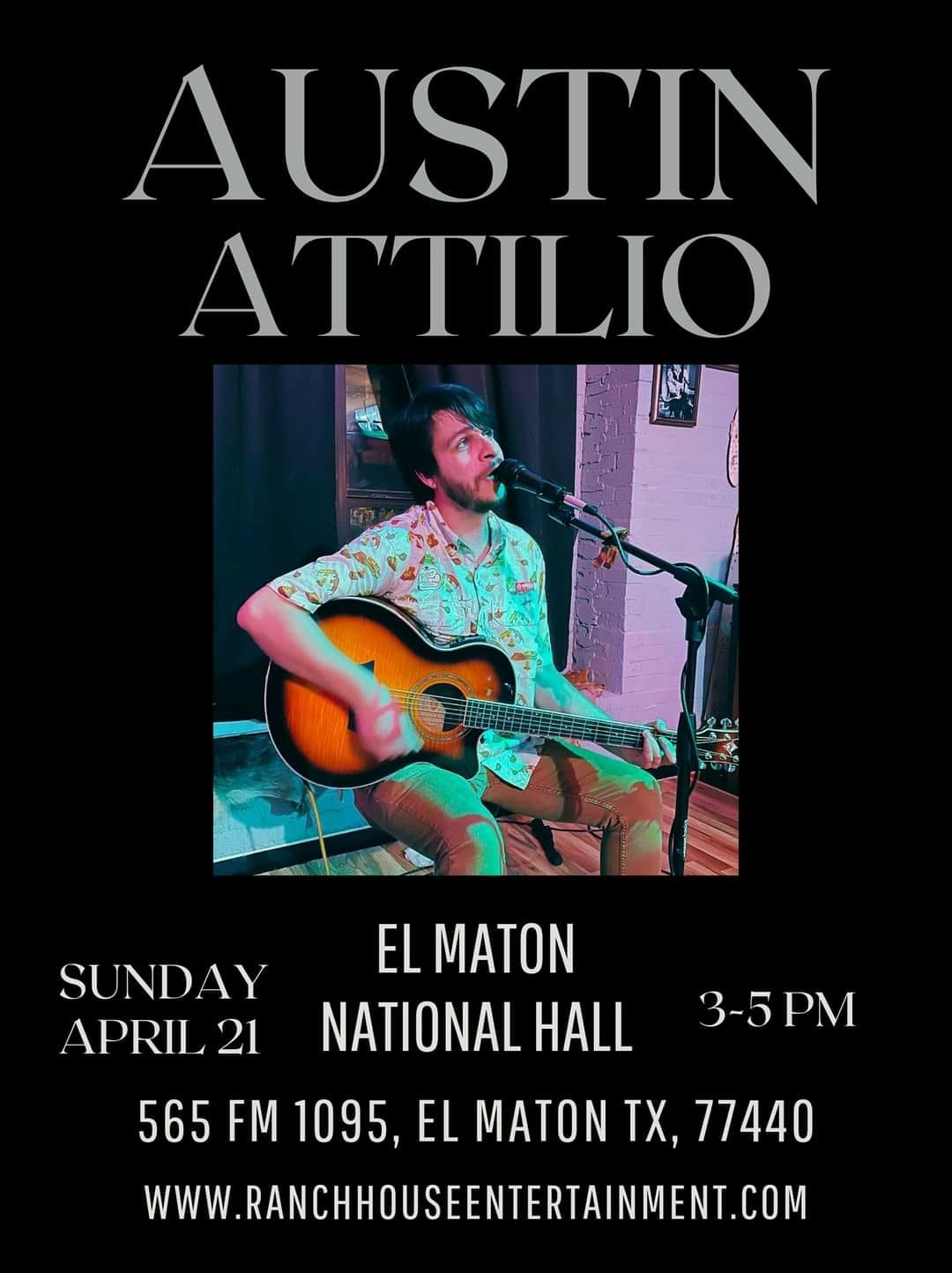Austin Attilio Live At The Hall - Sunday, April 21st - 3pm to 5pm
