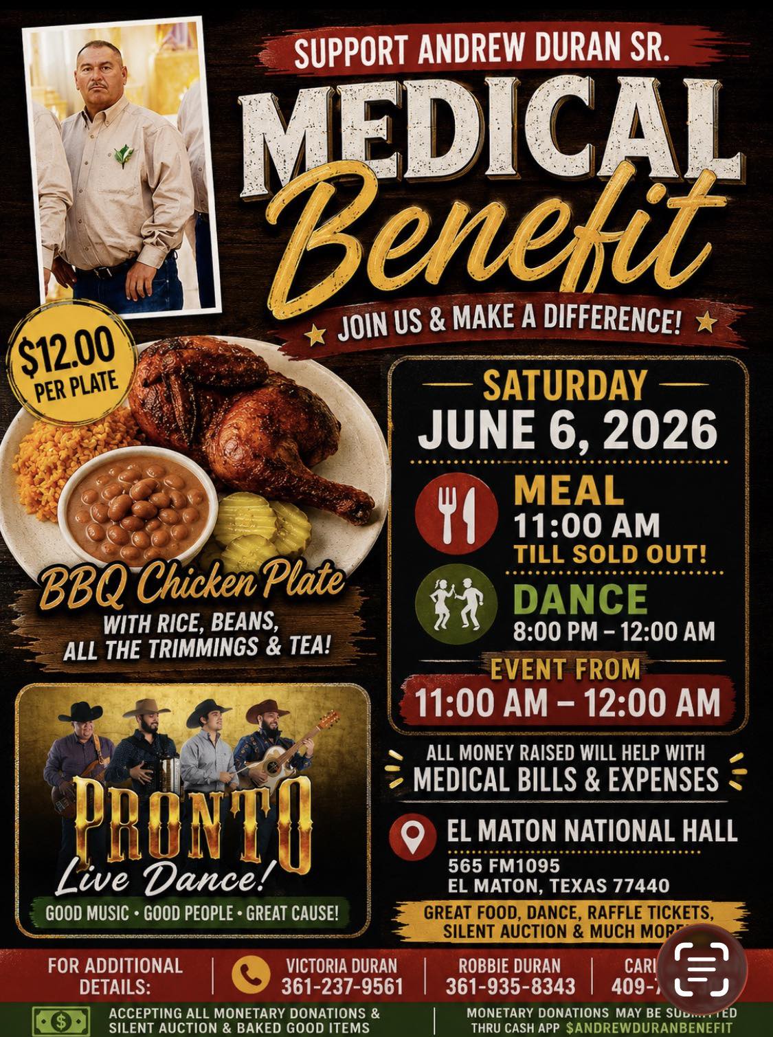Andrew Duran Benefit Dance and Event - Grupo Pronto and Donald Lee Sonnier - Sat, June 6th